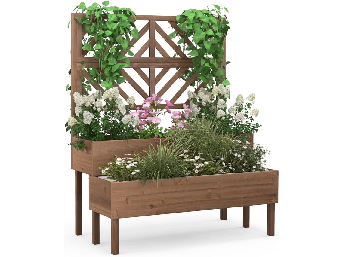 Cama Elevada de Jardín de 2 Niveles con Enrejado, Caja de Cultivo Elevada de Madera con Patas, Agujero de Drenaje COSTWAY
