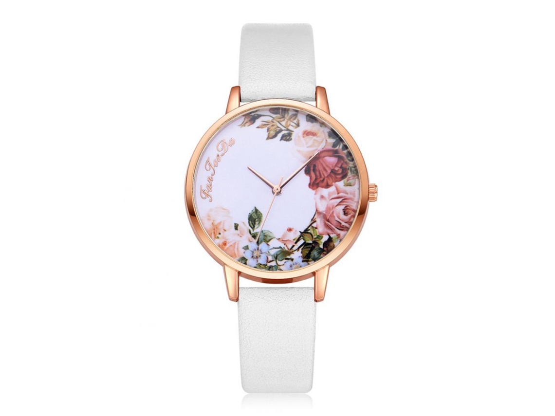 Reloj De Moda Impermeable Alliage Con Esfera Redonda, Analógico, Correa De Pu Blanca Y Verde Para Mujer.