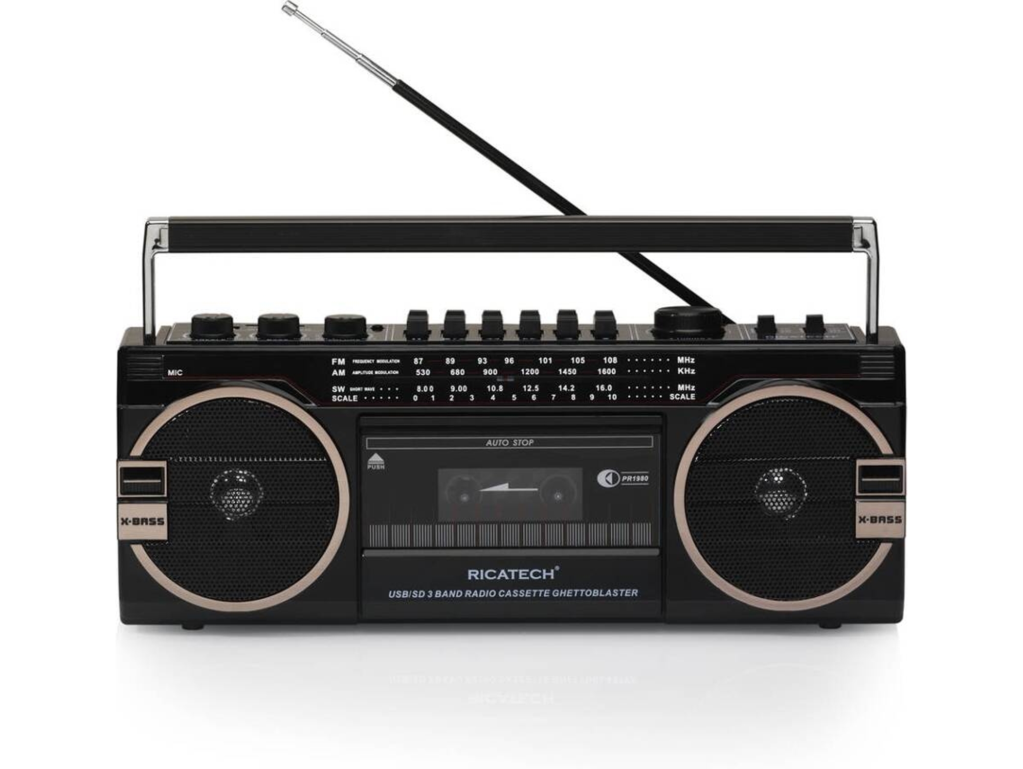 Radio Gravador RICATECH PR1980 Ghettoblaster (Negro - Analógico - AM /FM/ SW - Pilas y Corriente)