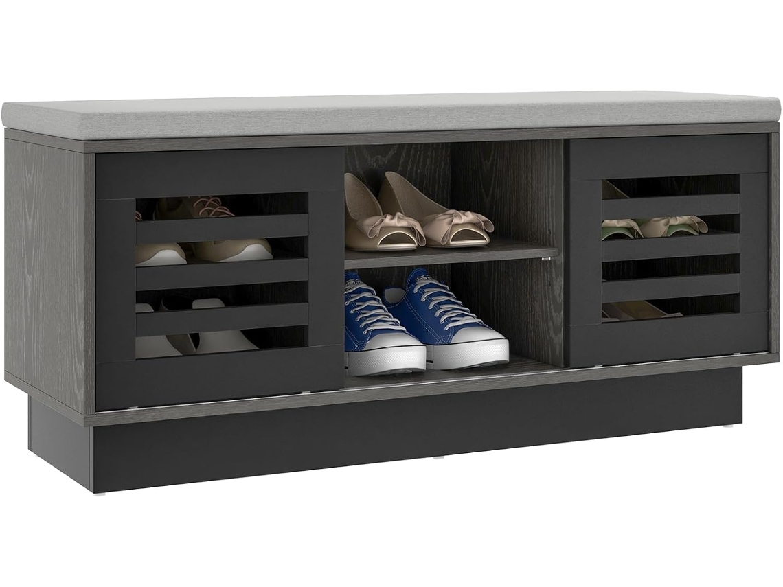 Banco Zapatero, Zapatero con Asiento con 6 Compartimentos de Almacenamiento y 3 Estantes Ajustables (Gris y Negro) COSTWAY