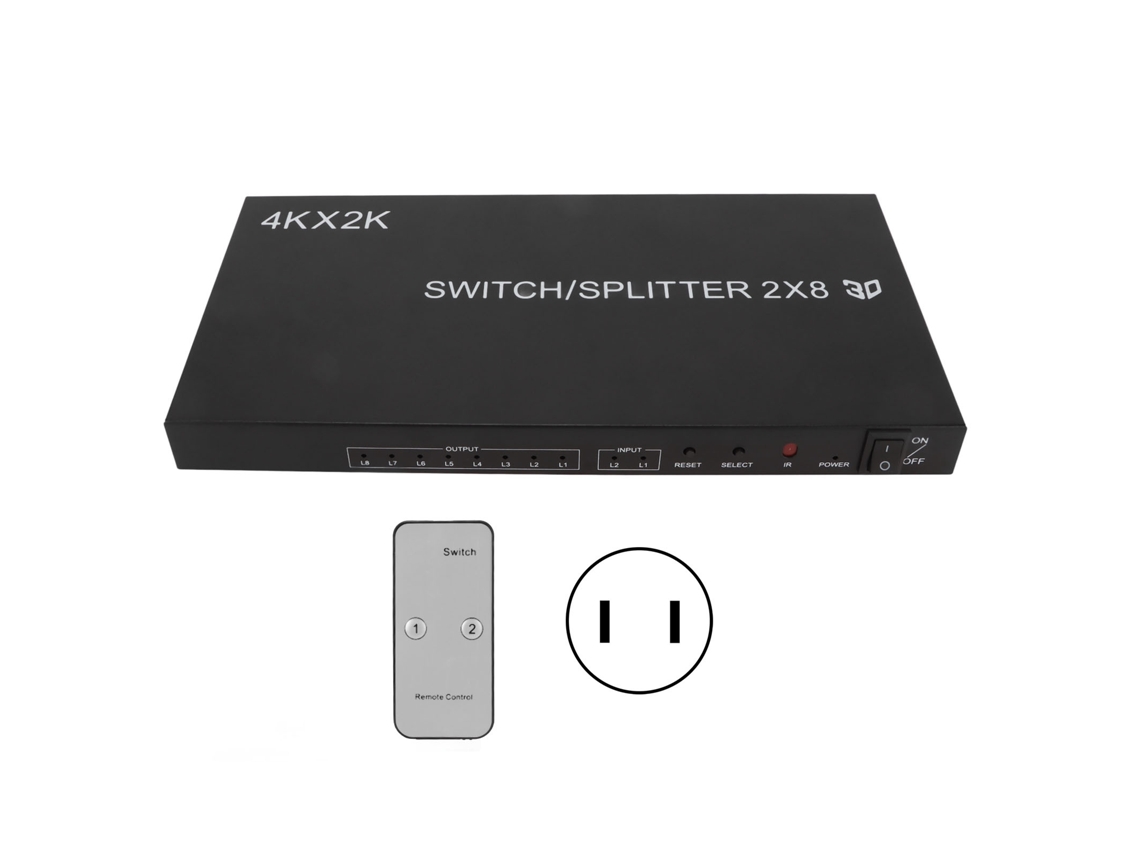 Mali comutador de Interface Multimídia Hd 2x8 Distribuidor 4kx2k com Controle Remoto Ir Plug Us
