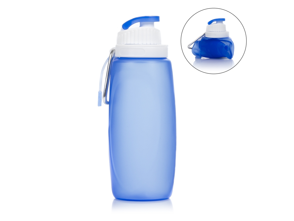 Minibotella plegable enrollable de 320 ml, fabricada en silicona de grado alimenticio. Con mosquetón.