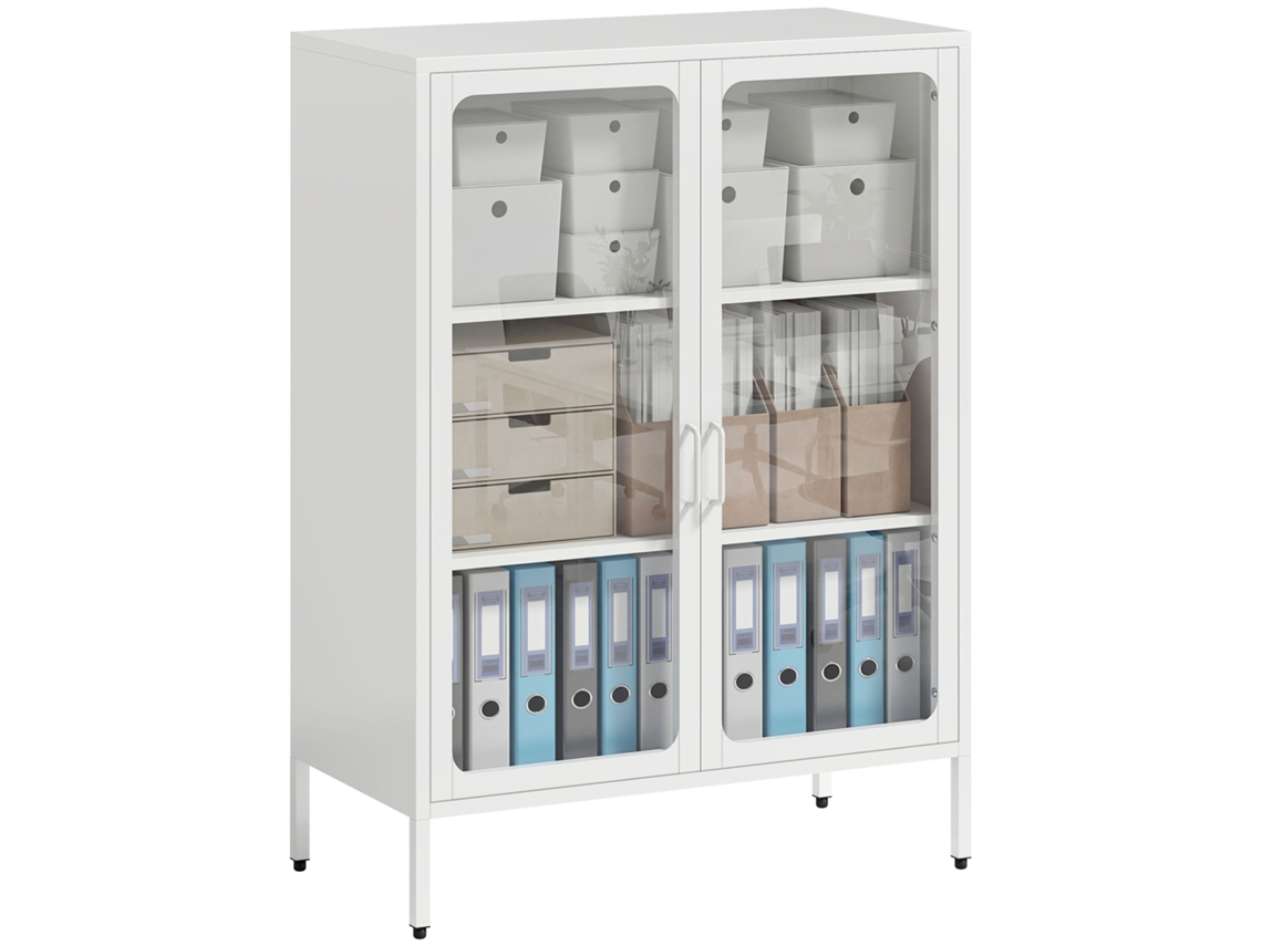 Archivador de acero para documentos con 2 puertas de cristal y estantes ajustables, 110 cm, blanco.