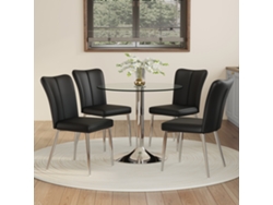 Conjunto Mesa Comedor 85 Cm - Mesa De Cristal Y 4 Sillas Pu - Negro Plata