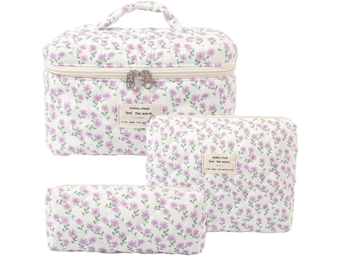 Set De Neceser De Algodón Grueso - Set De 3 Piezas - Imprescindible Para Viajes De Mujer - Estampado Floral