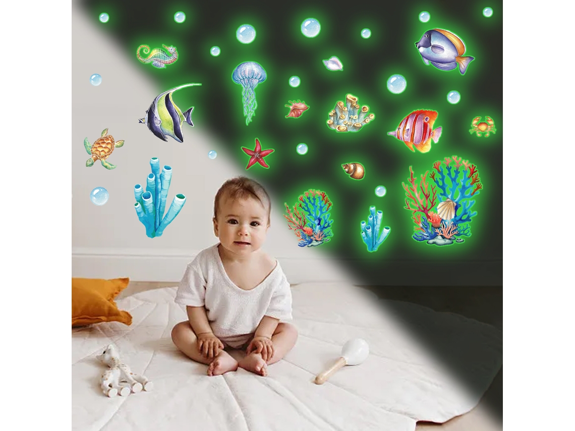 Calcomanías de pared con temática oceánica, pegatinas de animales submarinos que brillan en la oscuridad con patrones realistas para habitaciones infantiles, impermeables, extraíbles, despegables y pegables.