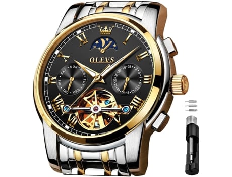 VEANXIN Reloj Tourbillon luminoso de acero inoxidable con fase lunar, mecánico, automático, hueco, resistente al agua, para hombre(oro plata)