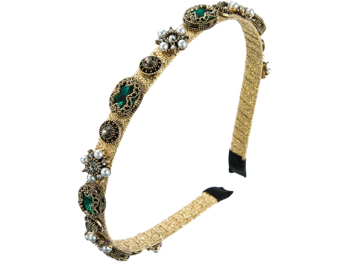 Bandeau Cheveux Femme Baroque Vert Orné De Perles Y Strass, Serrage
