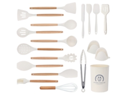 Conjunto de Utensílios de Cozinha 19 Peças Conjunto de Panelas Resistentes Ao Calor de Silicone com Cabo de Madeira Branco GERTIZ