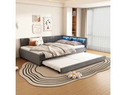 Sofá Cama De 140x200 Cm, Color Gris Lino, Madera, Usb C, Led, Con Almacenamiento Retráctil.