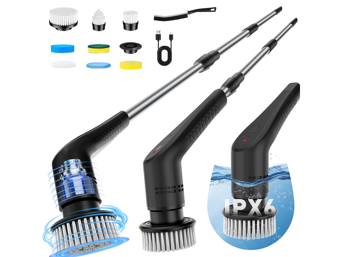 Cepillo de limpieza eléctrico, 9 cabezales, mango extraíble, para baño, cocina, coche, negro HEXINYIGJLY