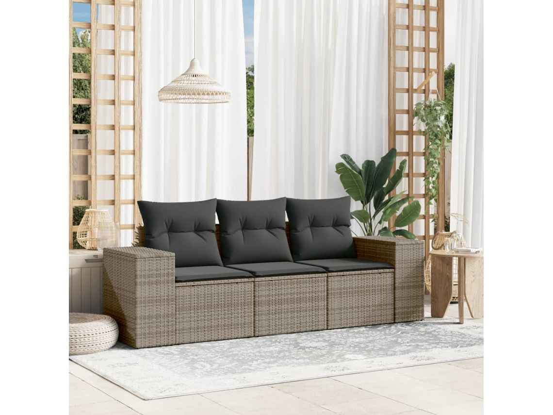 Conjunto de sofá de jardín de 3 piezas con cojines de ratán gris Lovely Home
