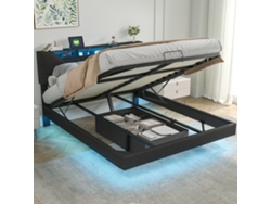 Cama Doble Tapizada De 140x200 Cm, Con Led Y Usb, Cama Con Almacenamiento De Aire A Presión, Cabecero Ajustable,negro, Pu, ​​sin Colchón