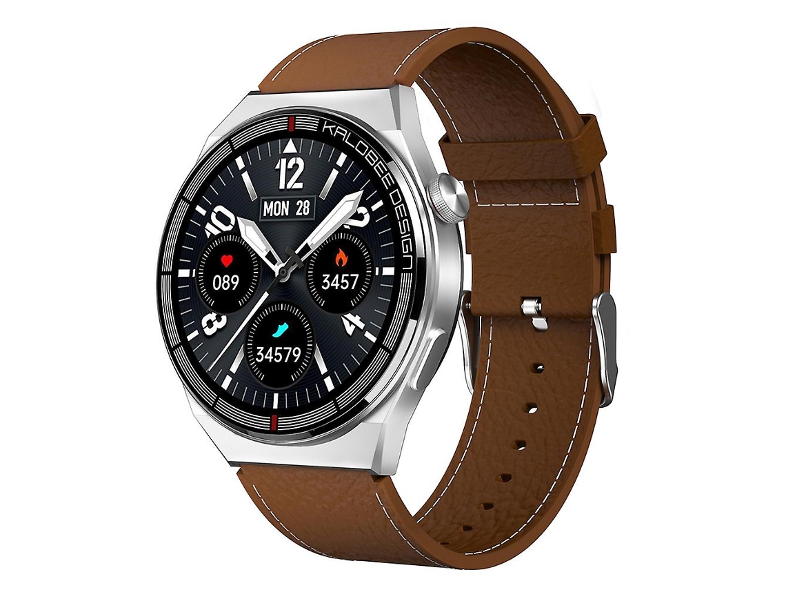 Reloj inteligente con correa de cuero de 1,3 pulgadas, IP68, resistente al agua, correa de cuero marrón, Ly Ebike