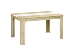 Mesa de comedor para 6 personas en madera natural y blanca, dimensiones 140 cm (largo) x 90 cm (ancho) x 75 cm (alto).