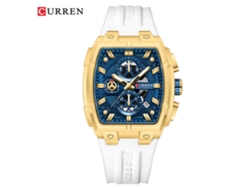 Reloj Cronógrafo De Seis Agujas Estilo Tonel, Elegante Y Multifuncional (correa Blanca, Caja Dorada, Esfera Azul).