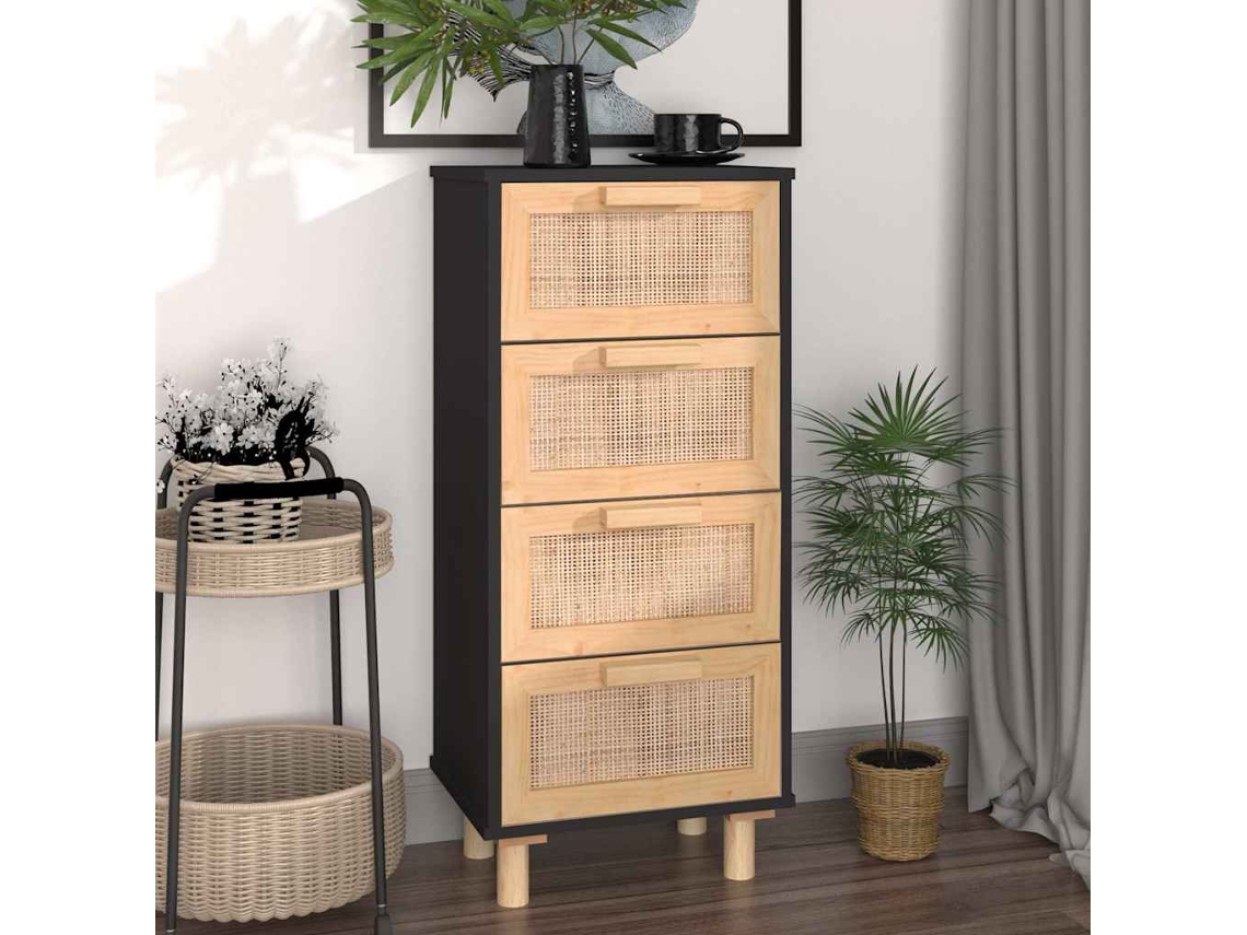 Aparador Negro Madera Pino Maciza Y Ratán Natural 40x30x90 Cm