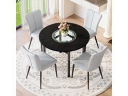 Mesa De Cristal De 85 Cm Con 4 Sillas, Tapizada En Pu Negro Y Plateado.