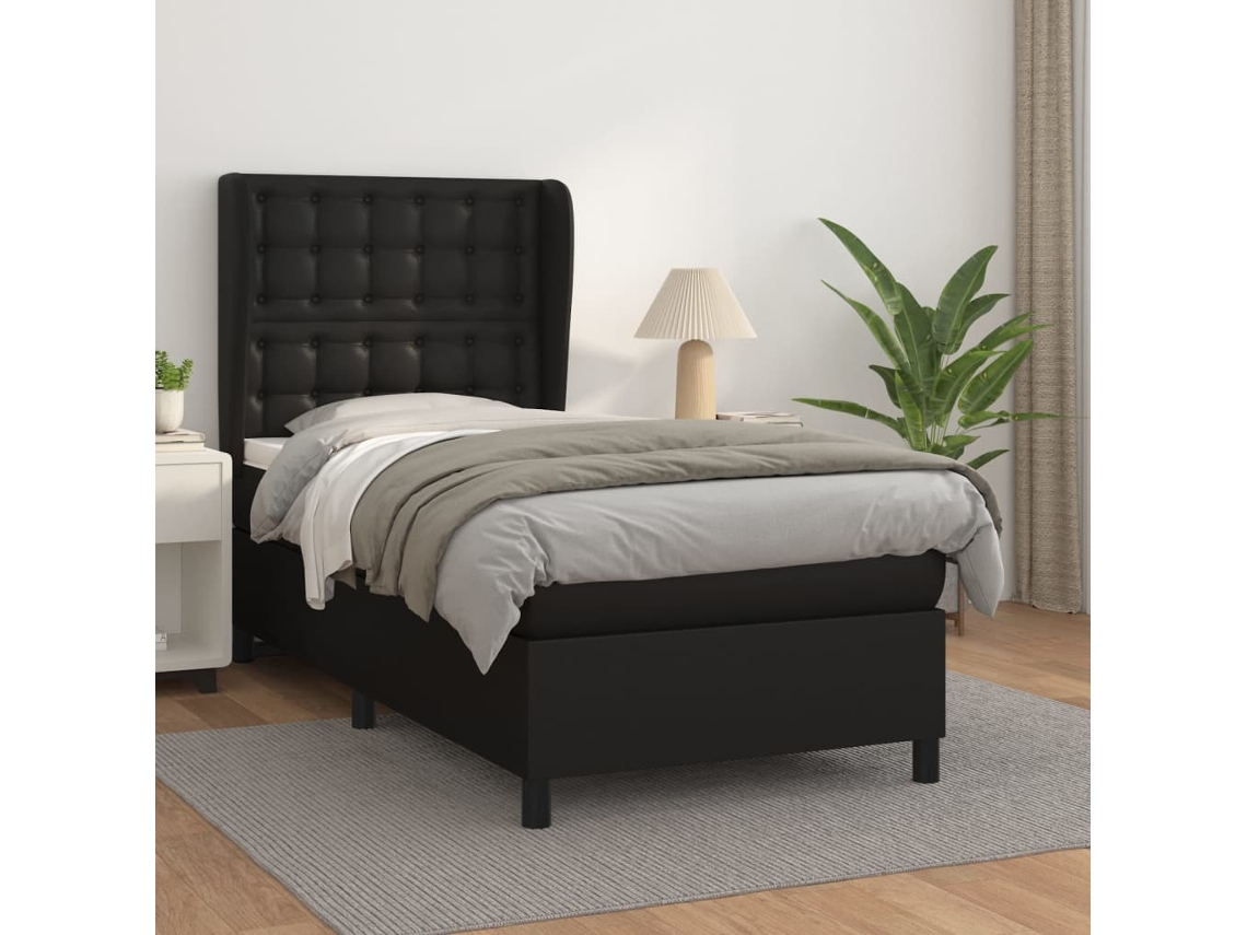 Cama Box Spring Con Colchón Cuero Sintético Negro 90x190 Cm