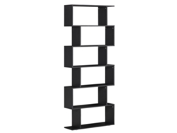 Estantería negra en zigzag de 80x24x191 cm con 6 estantes, estructura moderna para salón y oficina.