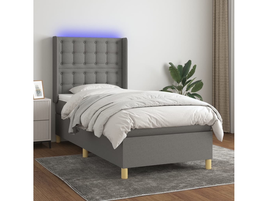 Cama Box Spring Colchón Y Luces Led Tela Gris Oscuro 90x200 Cm