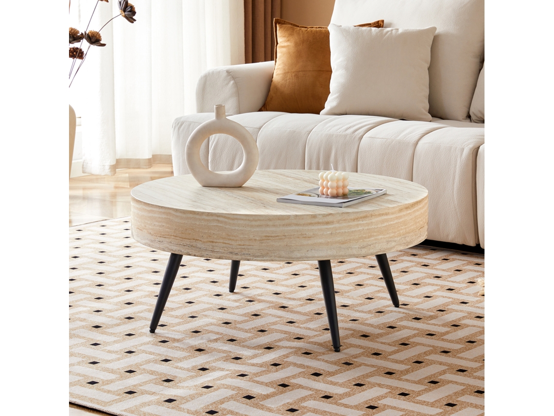Mesa De Café Redonda 70 Cm - Estilo Minimalista, Mdf Con Efecto Madera Travertino, Patas De Metal Negro - Negro,madera