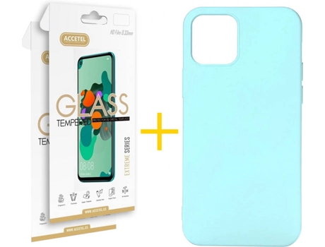 Kit Carcasa y Protector Cristal 2X iPhone 12 « 12 Pro Accetel Silicona Verde Claro