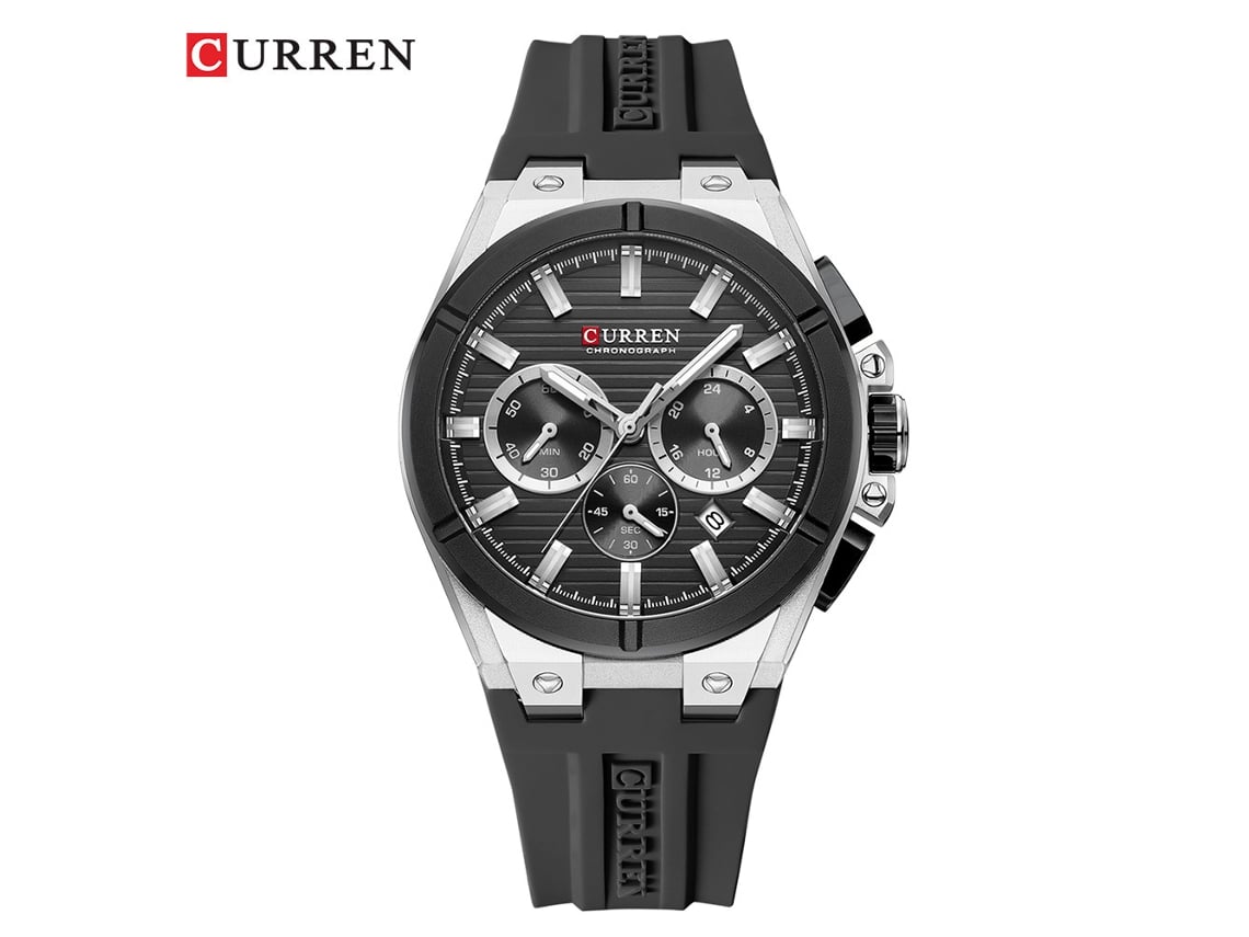 Reloj De Hombre (correa Negra, Caja Plateada, Detalles En Negro), Seis Agujas, Cronógrafo De Cuarzo, Reloj Deportivo.