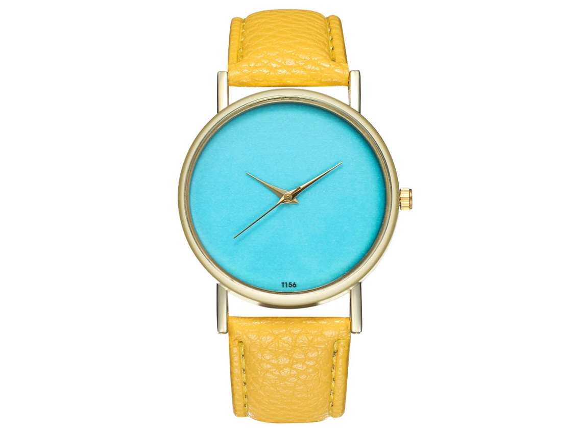 Reloj De Pulsera Unisex De Piel Sintética Amarilla Con Esfera Redonda Y Movimiento De Cuarzo Sencillo.