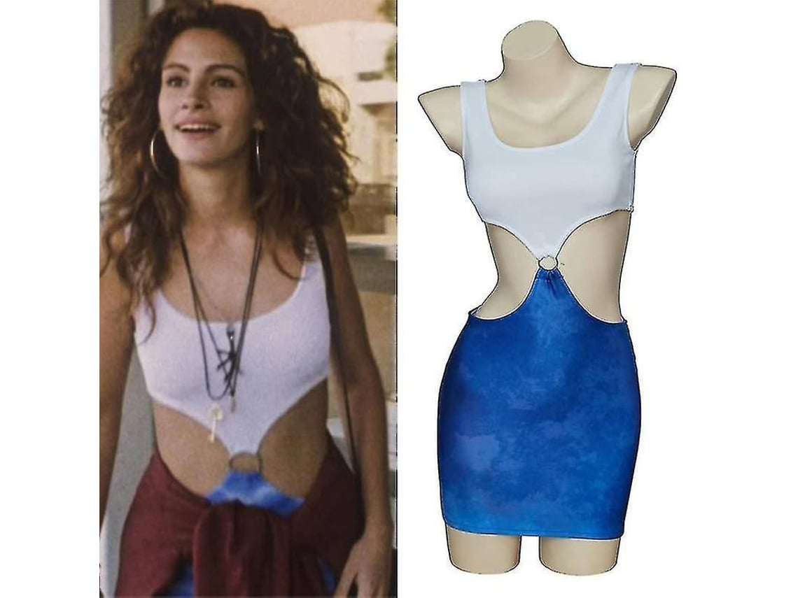 2026-traje Sexy Julia Roberts Cosplay Película Pretty Woman Vestido Azul Cortado Sin Mangas Modal Made In China