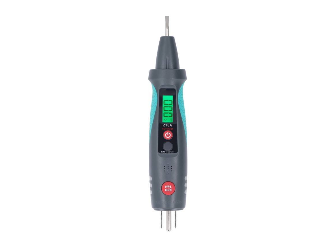 Comprobador de enchufes 218A con pantalla LCD, detector de voltaje sin contacto e indicador luminoso.