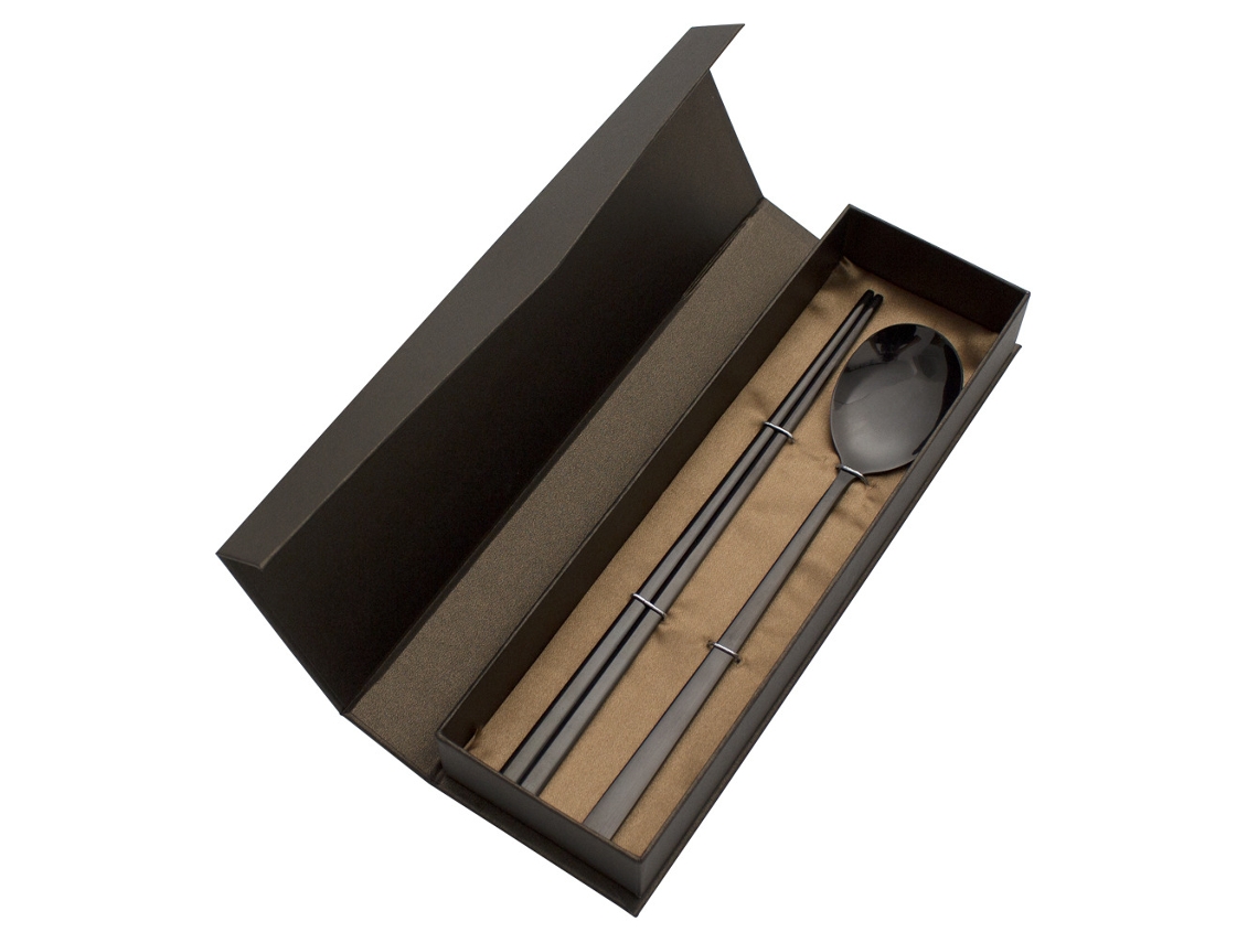 Juego de cuchara, palillos y cubiertos de acero inoxidable MDUG (juego de 2 piezas en negro)