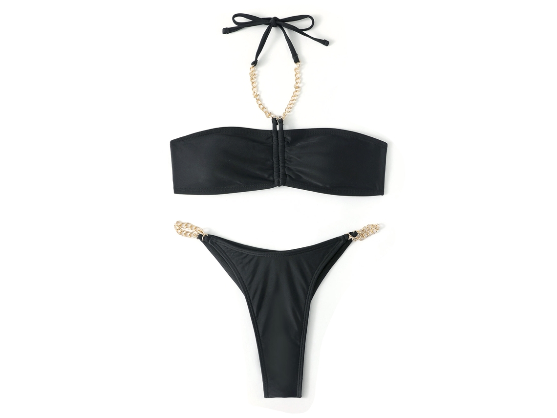 Bikini negro push-up con cadena dorada, talla S