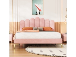 Cama Tapizada En Terciopelo Rosa De 140x200 Cm Con Base De Láminas, Cama Elegante Para Adultos Jóvenes.