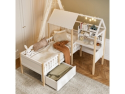 Cama Infantil De 90x200 Cm, Escritorio En Forma De L De Madera Blanca