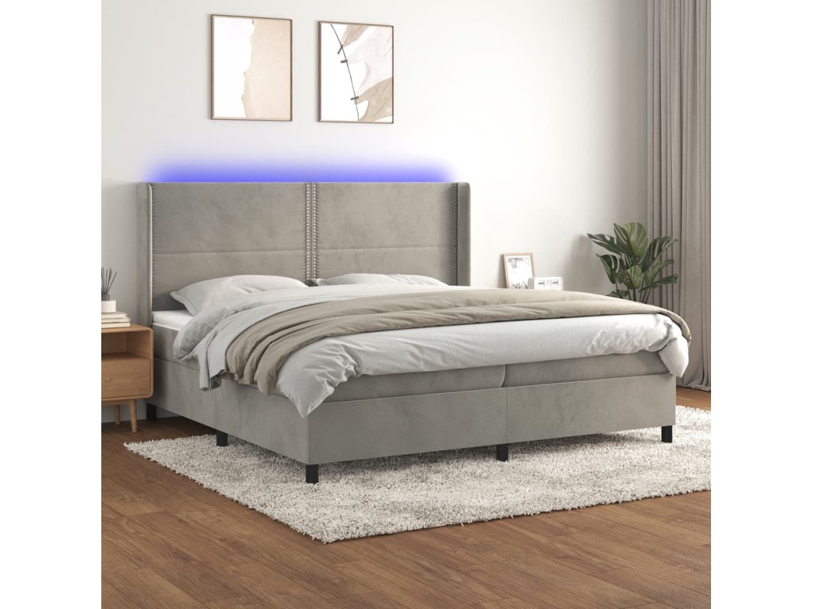 Cama Box Spring Colchón Y Led Terciopelo Gris Claro 200x200 Cm