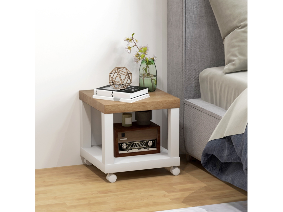 Mesa auxiliar con ruedas y estante abierto, para sofá/sala de estar/dormitorio, 40x40x40cm, color natural y blanco.