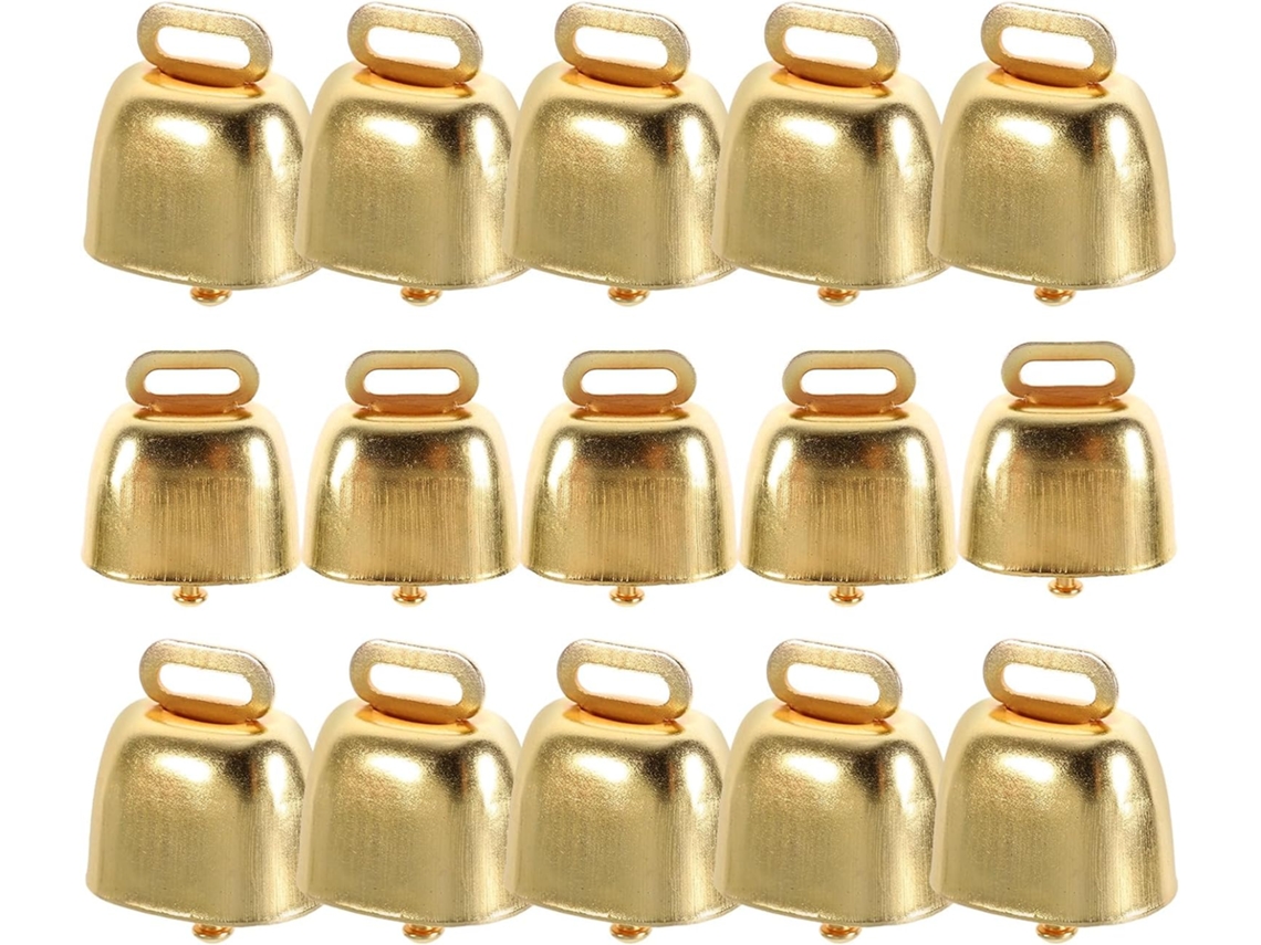 Juego de 15 campanillas doradas de hierro con forma de animales domésticos, colgantes con sonido, antirrobo, ideales para manualidades GOKOCO