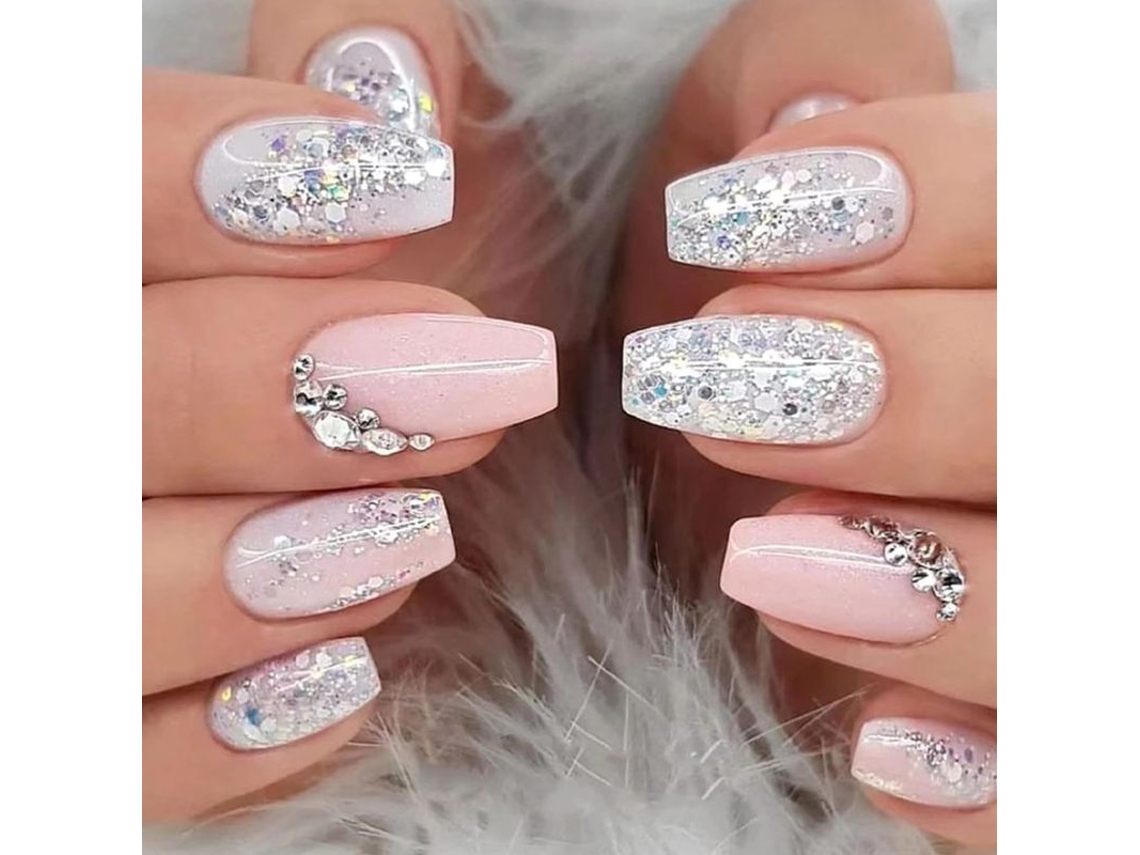 Uñas Postizas Plateadas Con Purpurina Y Diamantes De Imitación, Forma Cuadrada Mediana, Rosa, Blanco, Brillante.