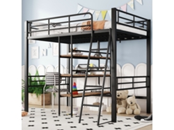Cama Alta De 90x200 Cm Con Escritorio Y Estantes, Estructura Metálica, Colchón No Incluido, Color Negro.