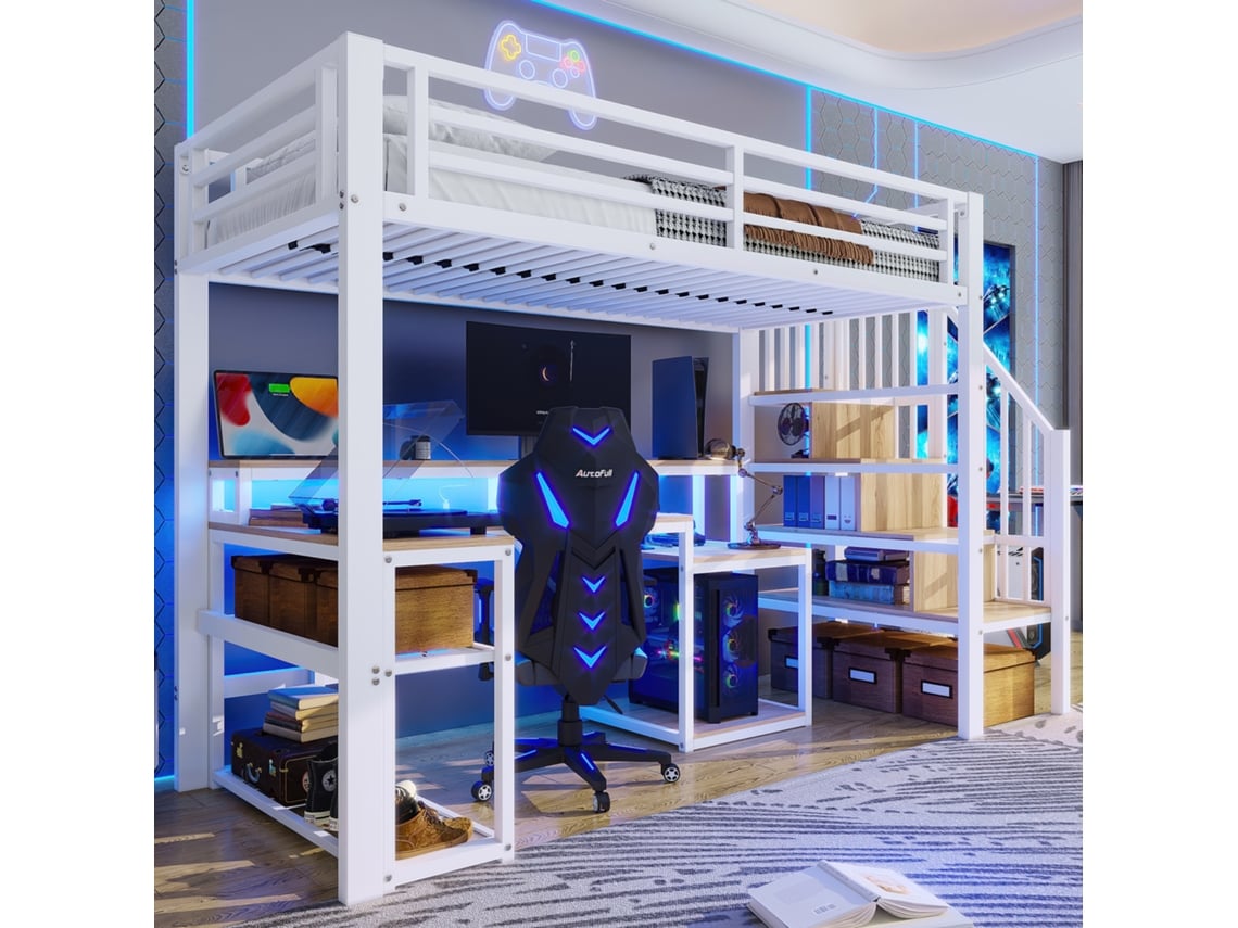 Cama Alta De Metal De 90x200 Cm Con Escritorio, Iluminación Led, Puertos Usb, Estantes Y Escalera.