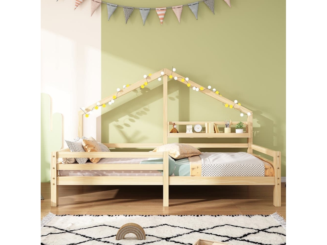 Cama Cabina 90x200cm De Madera Maciza - Con Estantes - Natural