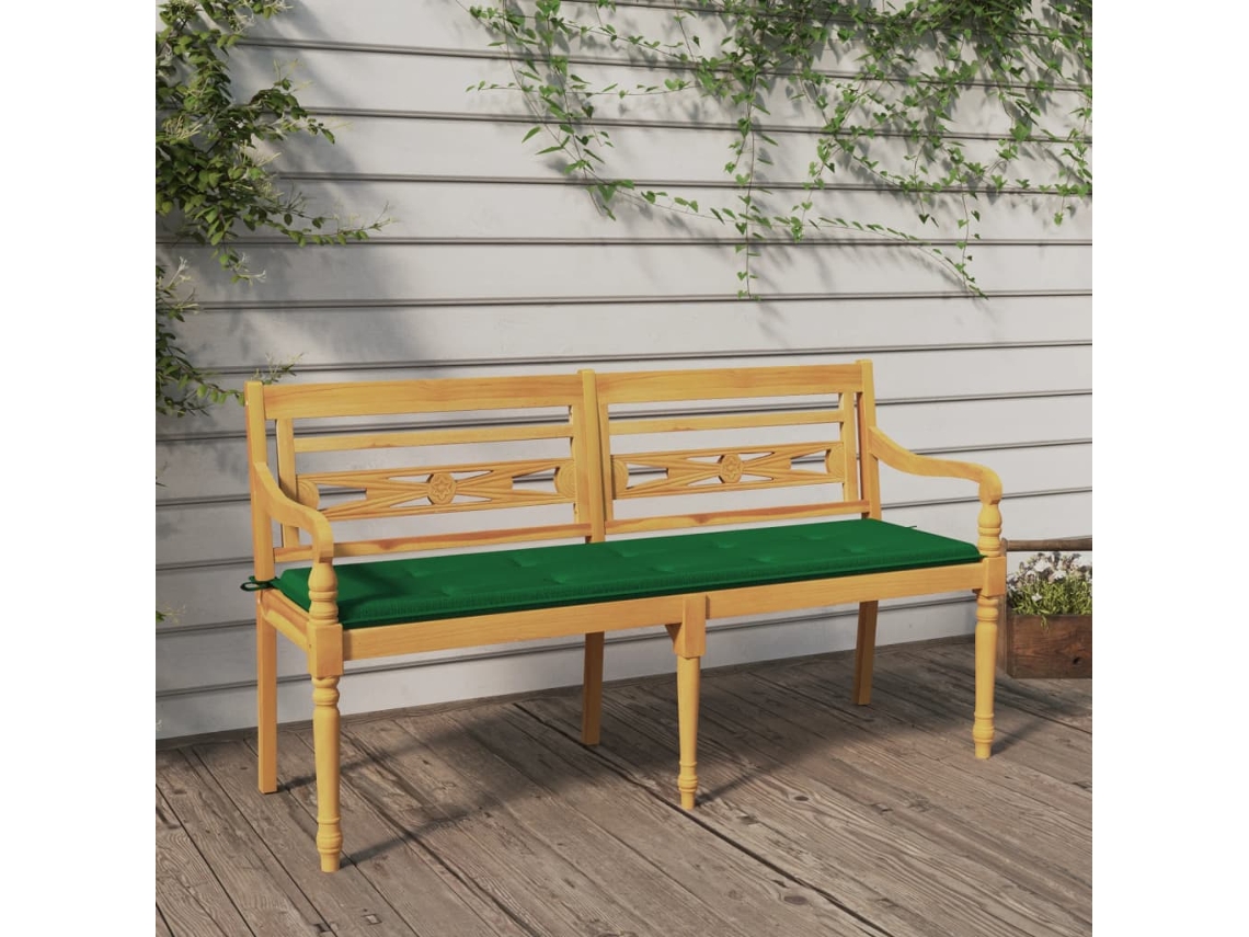 Lovely Home Banco Batávia con Cojín Verde 150 Cm Madera de Teca Maciza