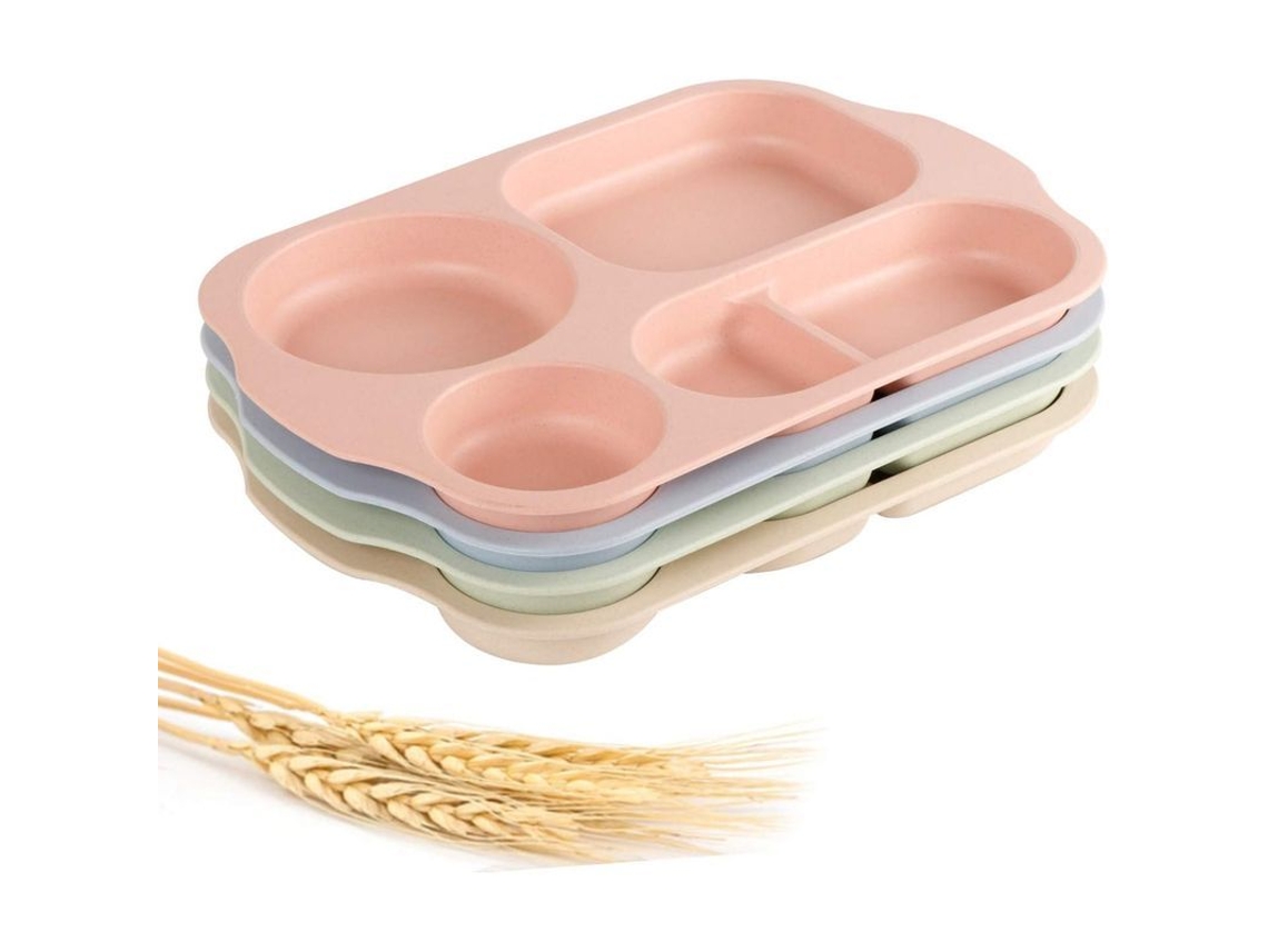 Rebe-plato con compartimentos, 4 piezas, 28 cm, material de paja de trigo, apto para microondas y lavavajillas, para niños y adultos.