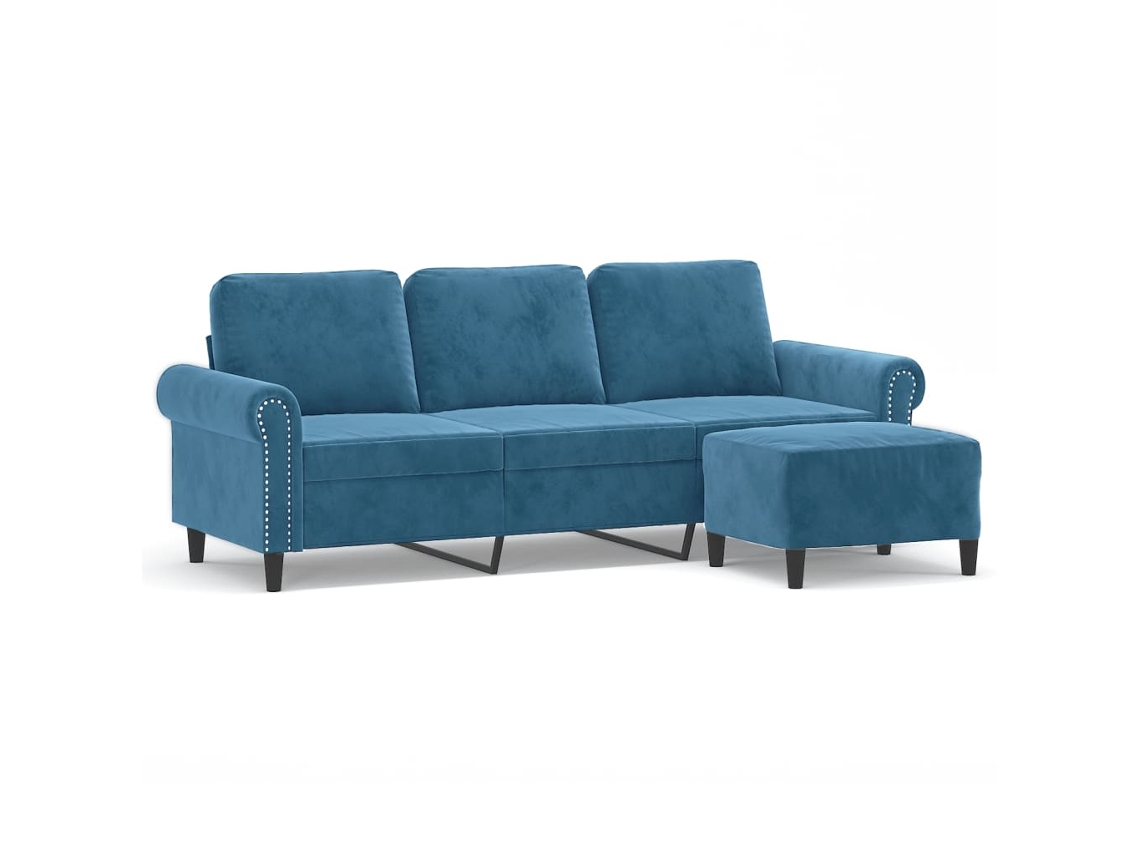 Sofá de 3 plazas con taburete de terciopelo azul VIDAXL (212 x 77 x 80 cm)