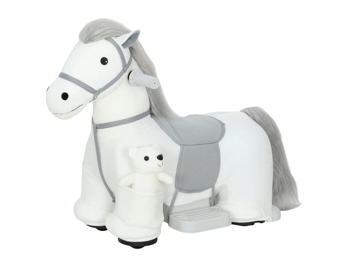 Caballo eléctrico para montar, tacto suave, ruedas silenciosas de poliuretano, blanco.