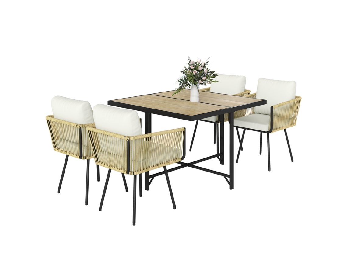 Conjunto De Mesa Y Sillas De Ratán, 5 Piezas, 4 Plazas, Color Beige.