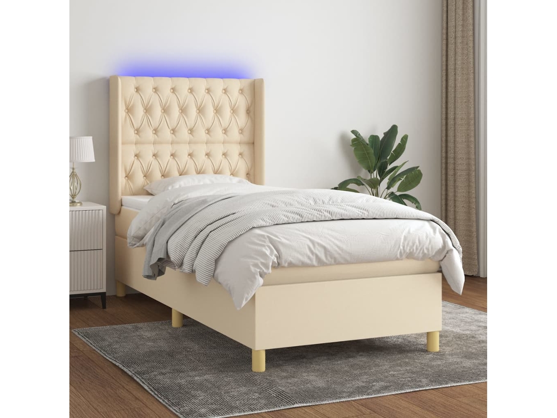Cama Box Spring Colchón Y Luces Led Tela Crema 90x200 Cm