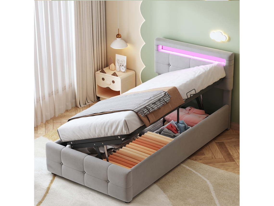 Cama Infantil Tapizada En Terciopelo Gris, De 90x200 Cm, Con Iluminación Led, Espacio De Almacenamiento Hidráulico Y Cabecero Regulable.