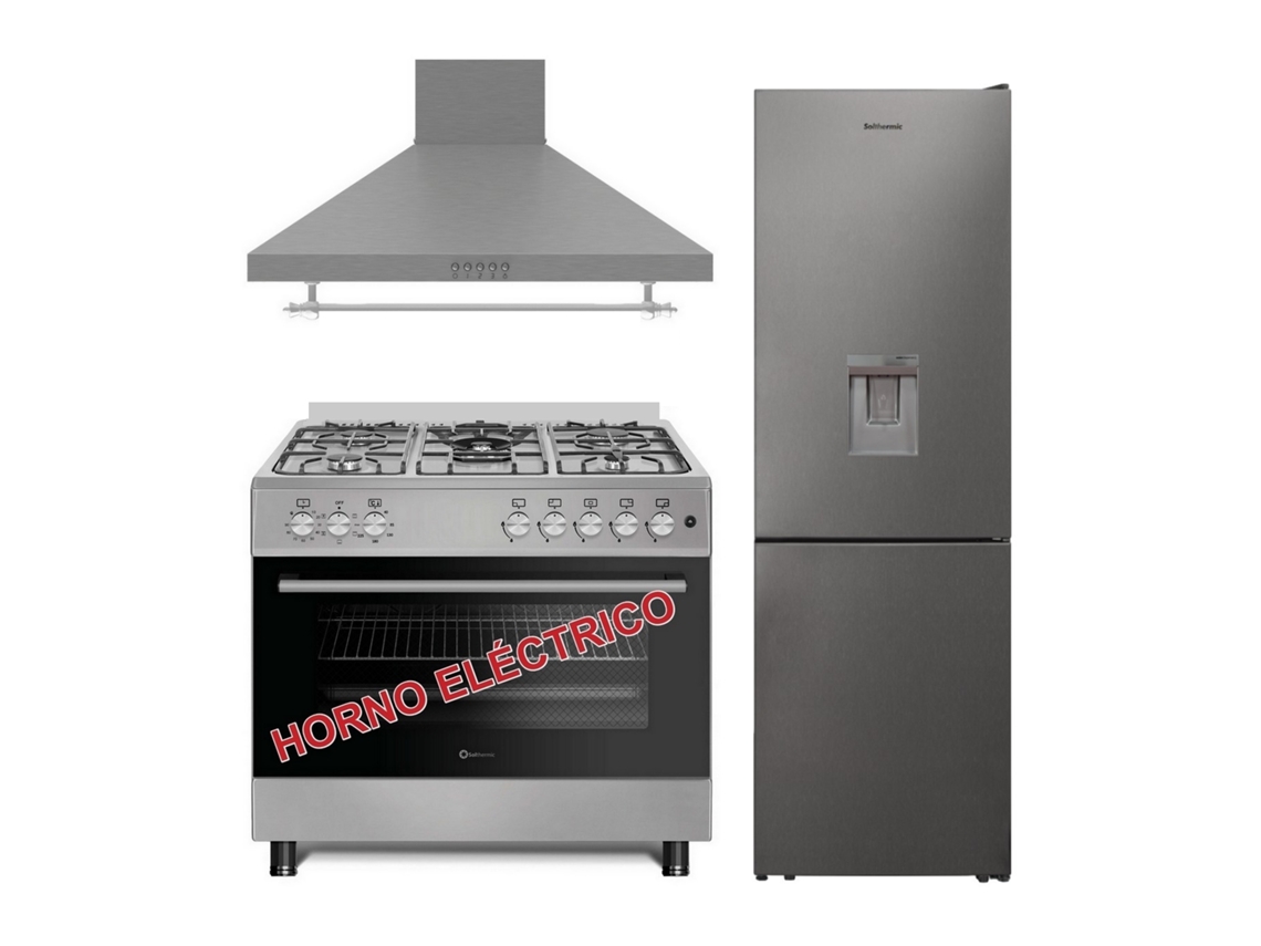 Estufa Solthermic® Combo Pack F9l50e5i Inox Horno Eléctrico Panorámico Extractor de Aire 90 Inox Frigorífico Combi 1.85 Inox No Frost Con Dispensador de Agua